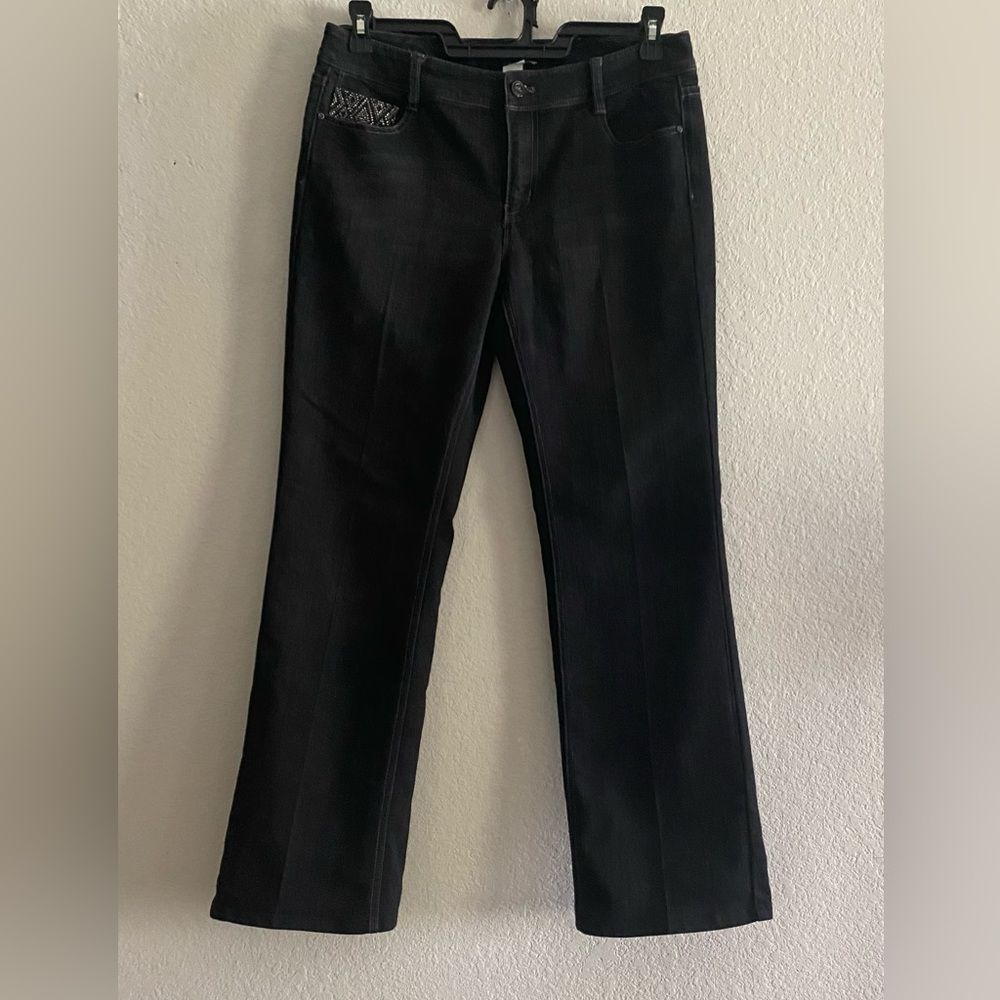 WHBM Women Black Jeans Straight Leg Pocket sparkle embellishments Blanc 10R